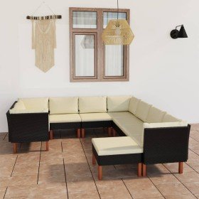 Set de muebles de jardín 9 pzas y cojines ratán sintético negro Set de muebles de jardín 9 pzas y cojines ratán sintético negro