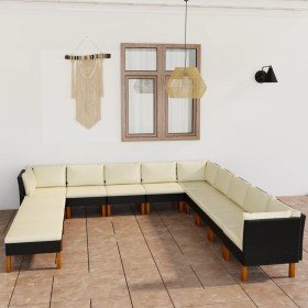 Set de muebles de jardín 12 pzas y cojines ratán sintético negro