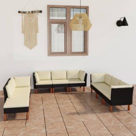 Set de muebles de jardín 9 pzas y cojines ratán sintético negro