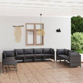 Set de muebles de jardín 10 pzas y cojines ratán sintético gris