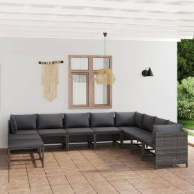 Set de muebles de jardín 11 pzas y cojines ratán sintético gris en Conjuntos de jardín | Comprar online en Foro24