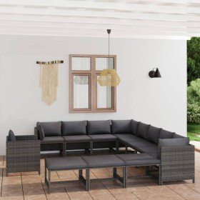 Set de muebles de jardín 12 pzas y cojines ratán sintético gris