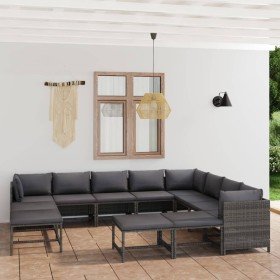 Set de muebles de jardín 12 pzas y cojines ratán sintético gris