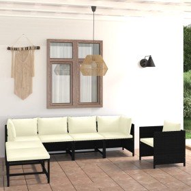 Set de muebles de jardín 7 pzas y cojines ratán sintético negro Set de muebles de jardín 7 pzas y cojines ratán sintético negro