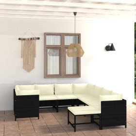 Set de muebles de jardín 9 pzas y cojines ratán sintético negro
