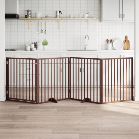 Puerta para perros con puerta plegable de 4 paneles marrón 320 cm madera de álamo en Casetas y cercados para perros | Comprar on