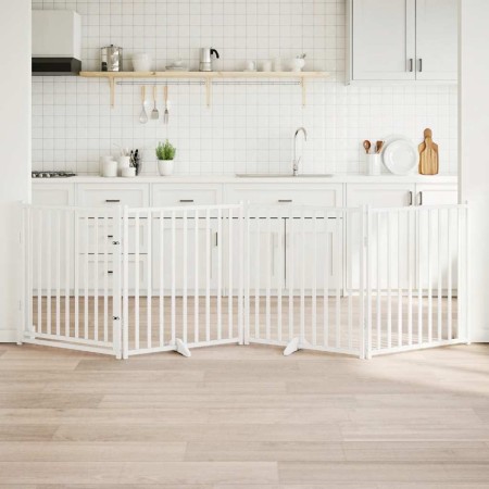 Puerta de perros plegable 4 paneles madera abeto blanco 320 cm en Casetas y cercados para perros | Comprar online en Foro24