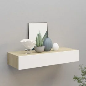 Oak and white MDF wall shelf with drawer 60x23.5x10 cm by vidaXL, Shelves and shelves - Ref: Foro24-330263, Price: 59,14 €, D...