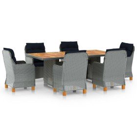 Set comedor jardín 7 pzas y cojines ratán sintético gris claro