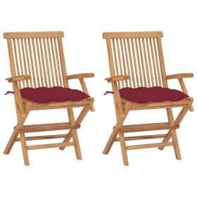 Sillas de jardín 2 uds madera teca con cojines rojo tinto