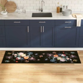 Alfombrilla de cocina Floral Negro 180 x 60 cm Terciopelo
