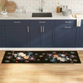 Alfombrilla de cocina Floral Negro 180 x 60 cm Terciopelo