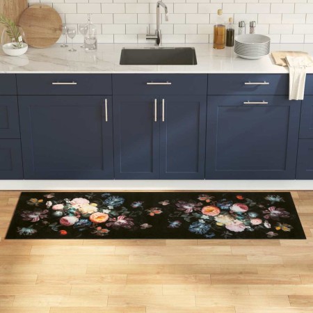 Alfombrilla de cocina Floral Negro 180 x 60 cm Terciopelo