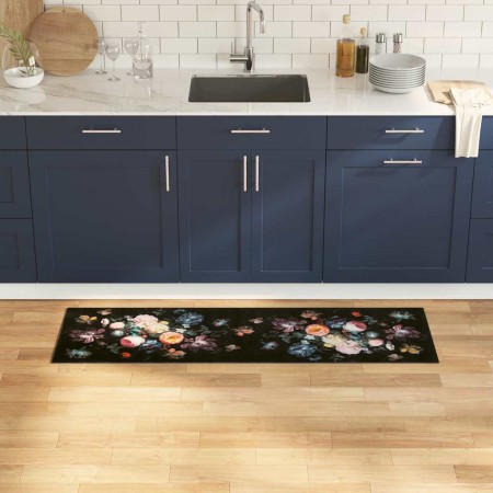 Alfombrilla de cocina Floral Negro 150 x 45 cm Terciopelo