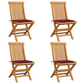 Sillas de jardín 4 uds con cojines rojo tinto madera de teca
