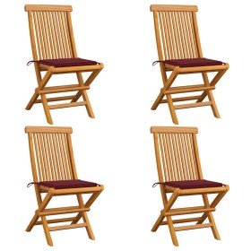 Sillas de jardín 4 uds con cojines rojo tinto madera de teca
