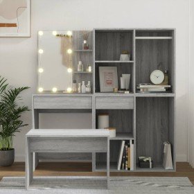 Juego de tocador con LED madera contrachapada gris Sonoma