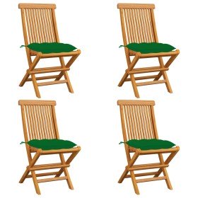Sillas de jardín 4 uds madera maciza de teca con cojines verdes