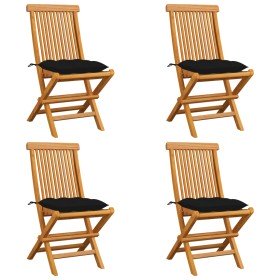 Sillas de jardín 4 uds madera maciza de teca con cojines negros