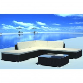 Set muebles de jardín y cojines 6 piezas ratán sintético negro Set muebles de jardín y cojines 6 piezas ratán sintético negro