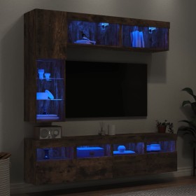 Muebles de TV de pared con luces LED 7 piezas roble ahumado