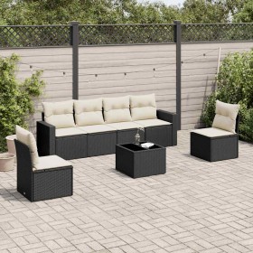 Set de comedor de jardín 7 pzas y cojines ratán sintético negro Set de comedor de jardín 7 pzas y cojines ratán sintético negro