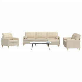 Juego de sofá 4 piezas con reposapiés y cojines tela crema