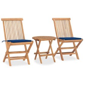 Set comedor de jardín plegable 3 piezas madera de teca cojines
