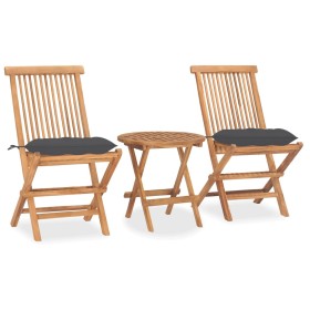 Set comedor de jardín plegable 3 piezas madera de teca cojines