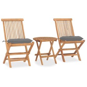 Set comedor de jardín plegable 3 piezas madera de teca cojines