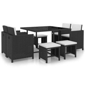 Set comedor de jardín 9 piezas y cojines ratán sintético negro