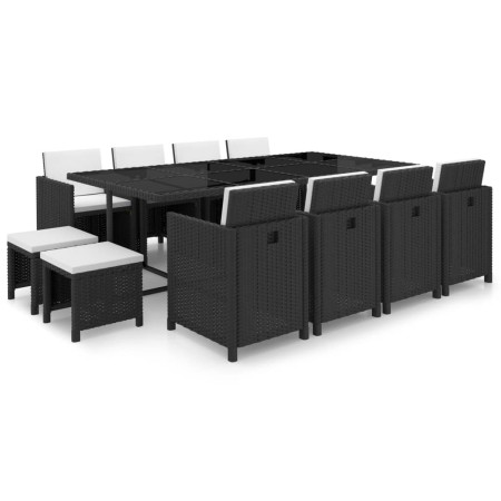 Set comedor de jardín 13 piezas y cojines ratán sintético negro