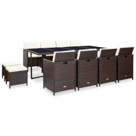 Set comedor de jardín 13 pzas y cojines ratán sintético marrón