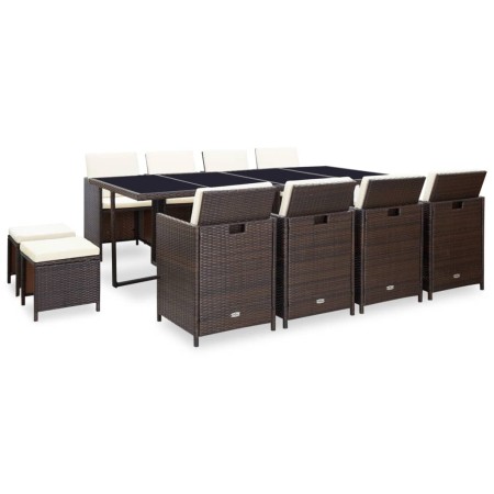 Set comedor de jardín 13 pzas y cojines ratán sintético marrón