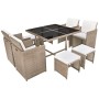Set comedor de jardín 9 piezas y cojines ratán sintético beige