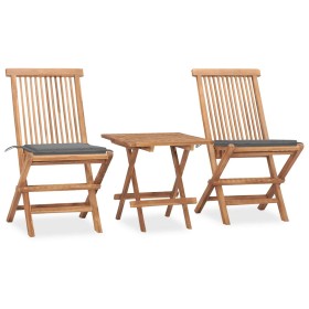 Set comedor de jardín plegable 3 piezas madera de teca cojines