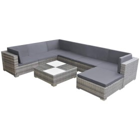 Set de muebles de jardín 8 pzas y cojines ratán sintético gris