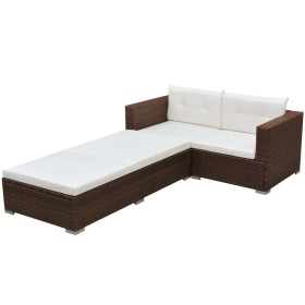 Set muebles de jardín 3 piezas y cojines ratán sintético marrón Set muebles de jardín 3 piezas y cojines ratán sintético marrón