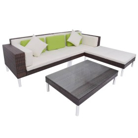 Set muebles de jardín 4 piezas y cojines ratán sintético marrón Set muebles de jardín 4 piezas y cojines ratán sintético marrón