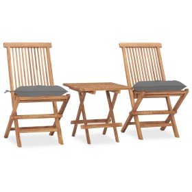 Set comedor de jardín plegable 3 piezas madera de teca cojines