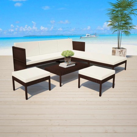 Set muebles de jardín 6 piezas y cojines ratán sintético marrón