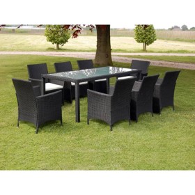 Set comedor de jardín 9 piezas y cojines ratán sintético negro Set comedor de jardín 9 piezas y cojines ratán sintético negro