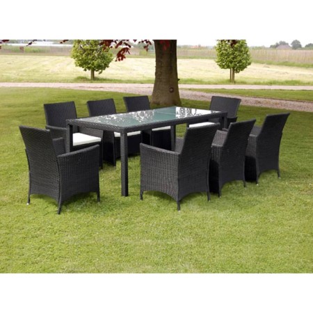 Set comedor de jardín 9 piezas y cojines ratán sintético negro