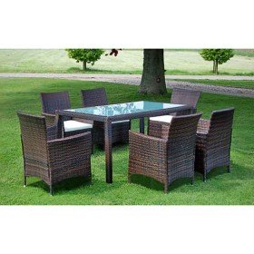 Set comedor de jardín 7 piezas y cojines ratán sintético marrón en Conjuntos de jardín | Comprar online en Foro24