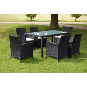Set comedor de jardín 7 piezas y cojines ratán sintético negro Set comedor de jardín 7 piezas y cojines ratán sintético negro