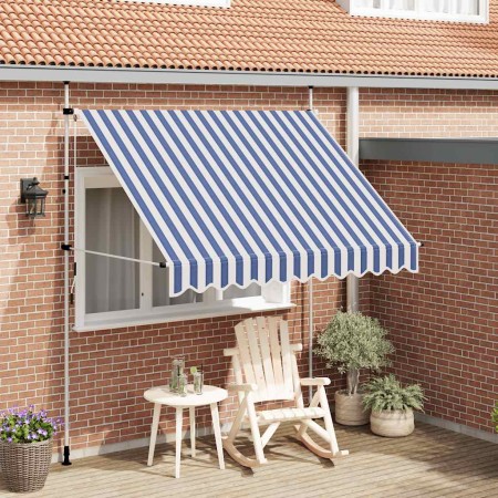 Toldo manual retráctil azul y blanco a rayas 250 cm