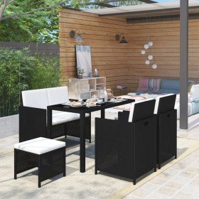 Set comedor de jardín 6 piezas y cojines ratán sintético negro Set comedor de jardín 6 piezas y cojines ratán sintético negro