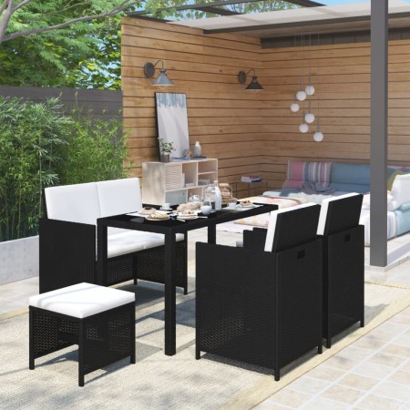 Set comedor de jardín 6 piezas y cojines ratán sintético negro