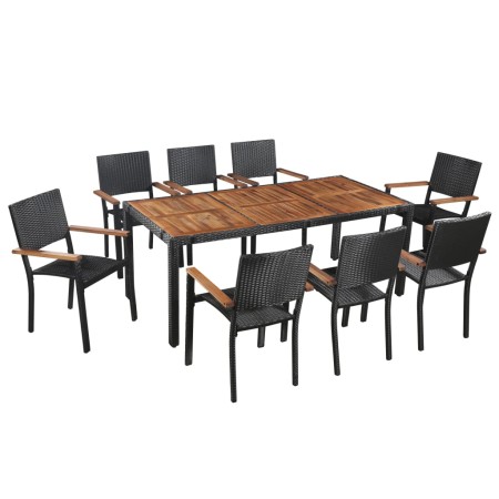 Set comedor jardín 9 pzas ratán sintético y madera acacia negro