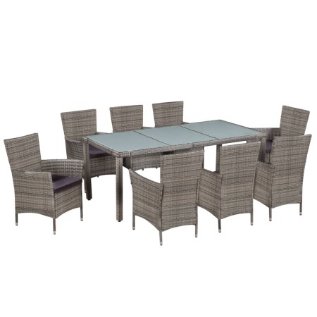 Set de comedor de jardín 9 pzas y cojines ratán sintético gris
